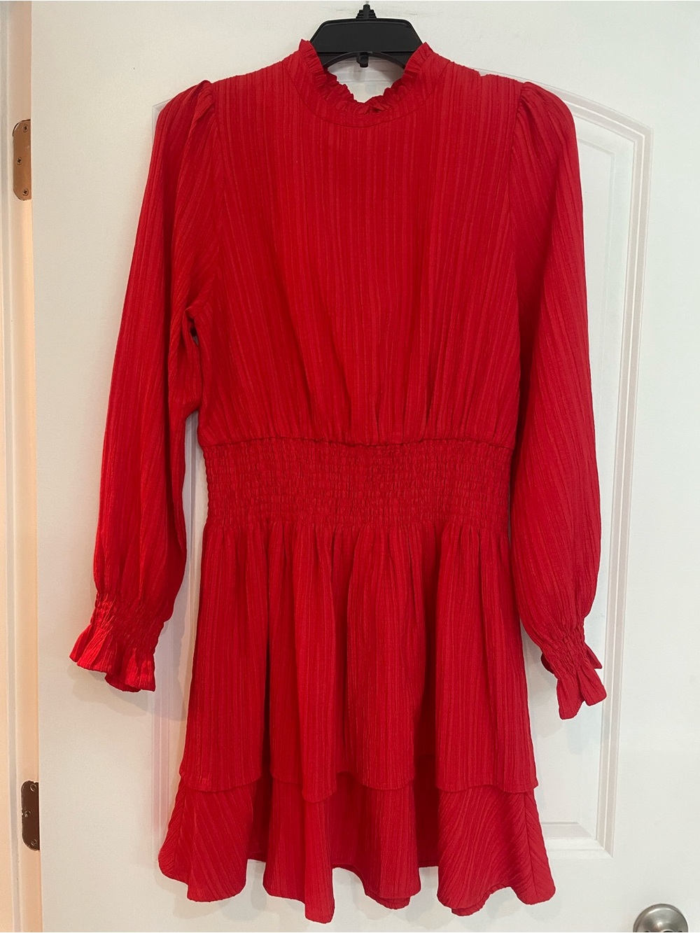 Woman’s Red Long-Sleeve Smocked Waist Tiered Dress